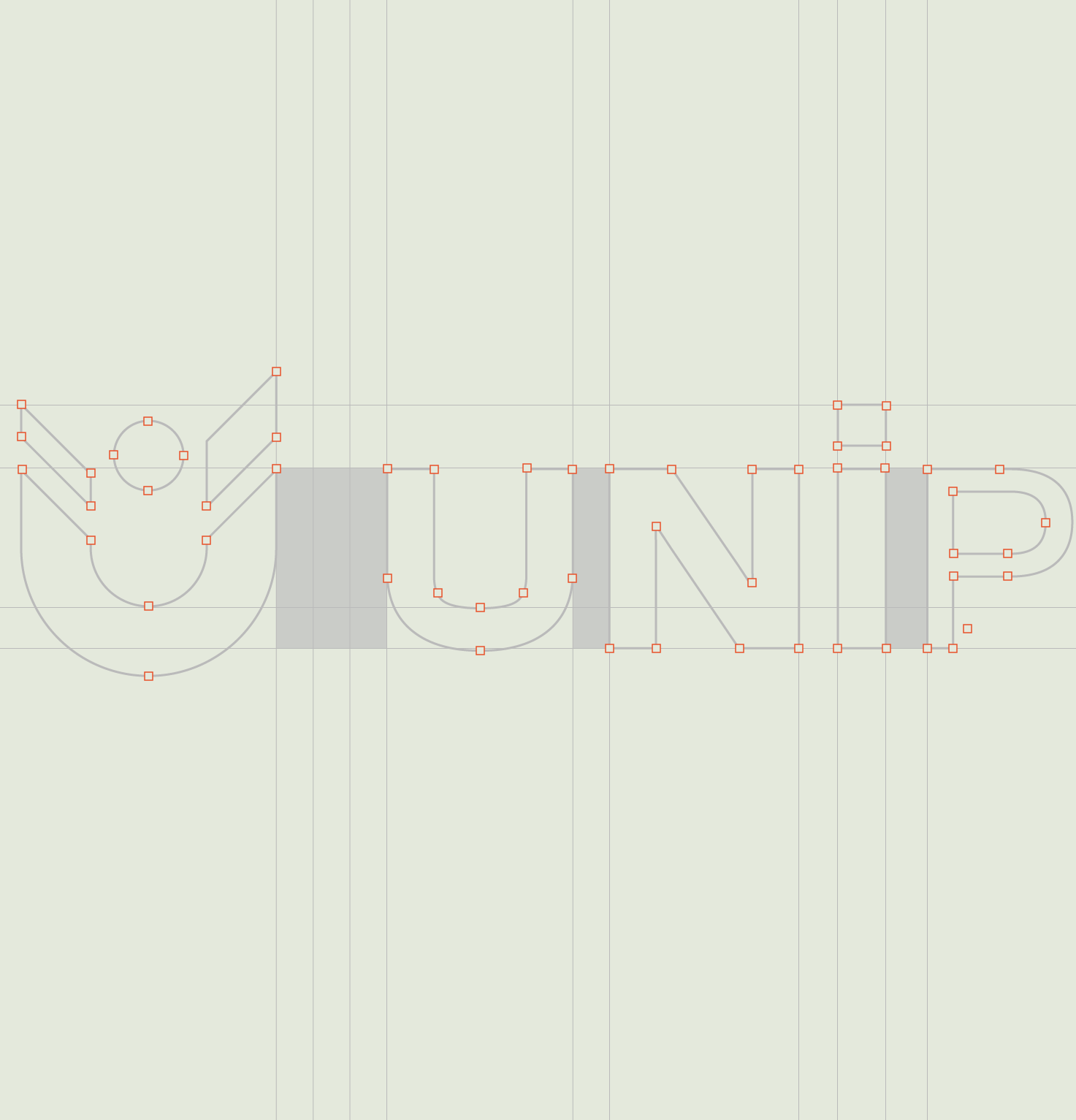 Gride aramada da logo UniPolos, destacando os pontos de construção e proporção do desenho da marca.