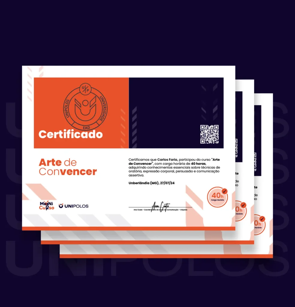 Modelo do certificado de minicurso UniPolos sobre um fundo azul escuro
