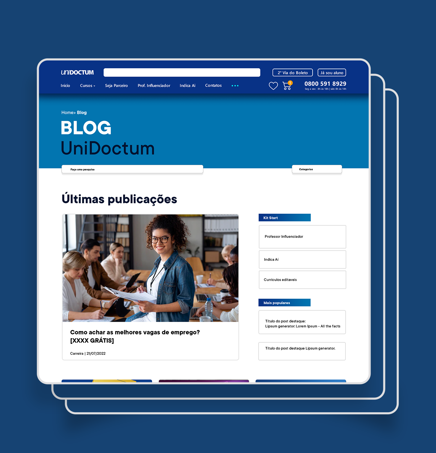 Seção de blog de um site educacional com destaque para notícias e dicas.