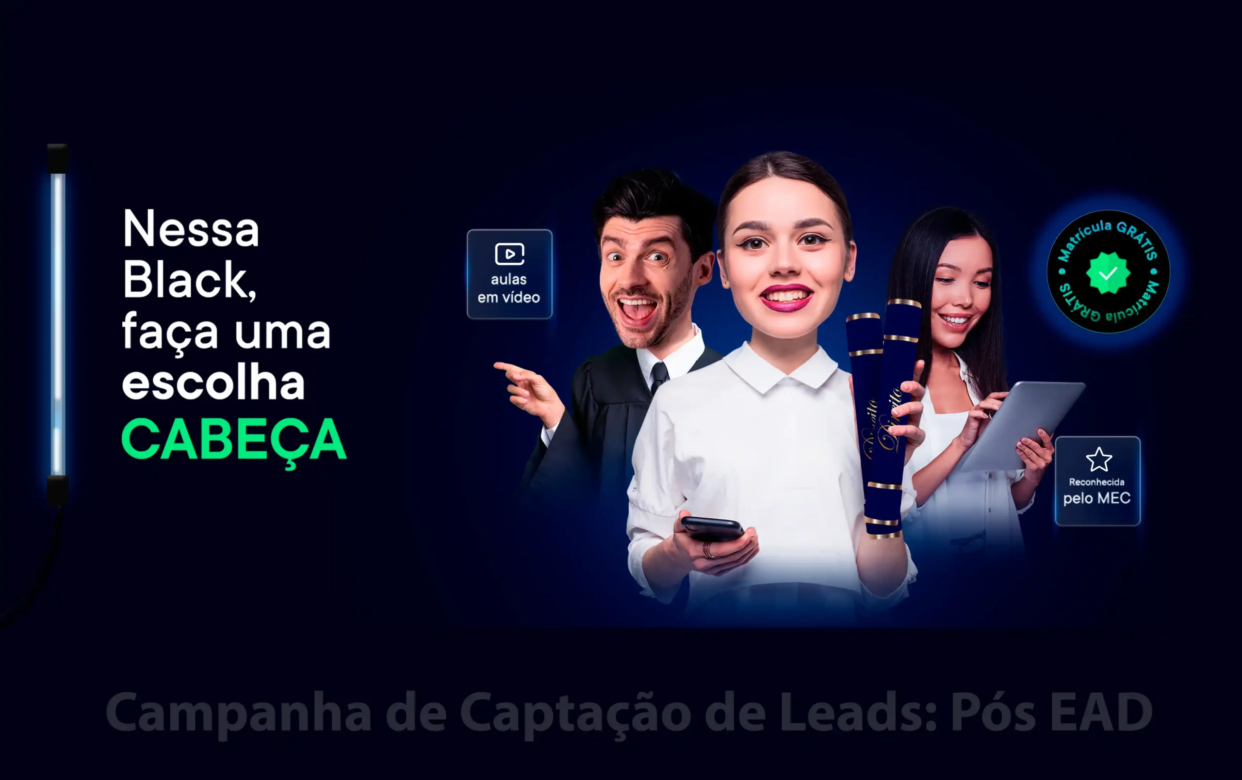 Banner de divulgação da campanha “Escolha Cabeça”, com um personagem cartunesco de cabeça exageradamente grande, simbolizando escolhas inteligentes na hora de decidir o futuro.