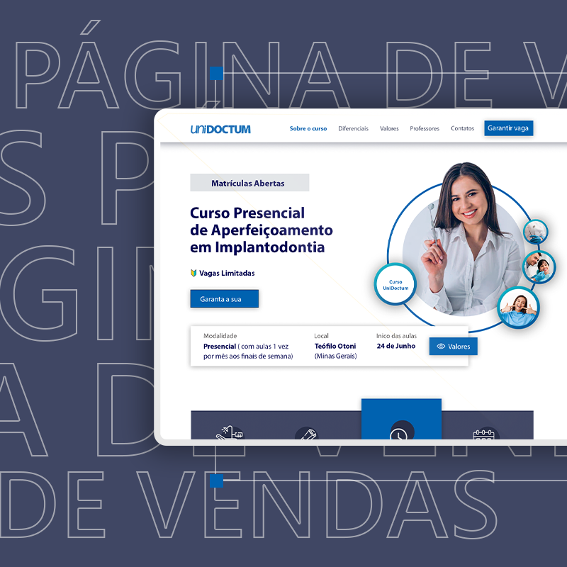 Layou da página de vendas/captura do curso presencial de Implantodontia da UniDoctum.