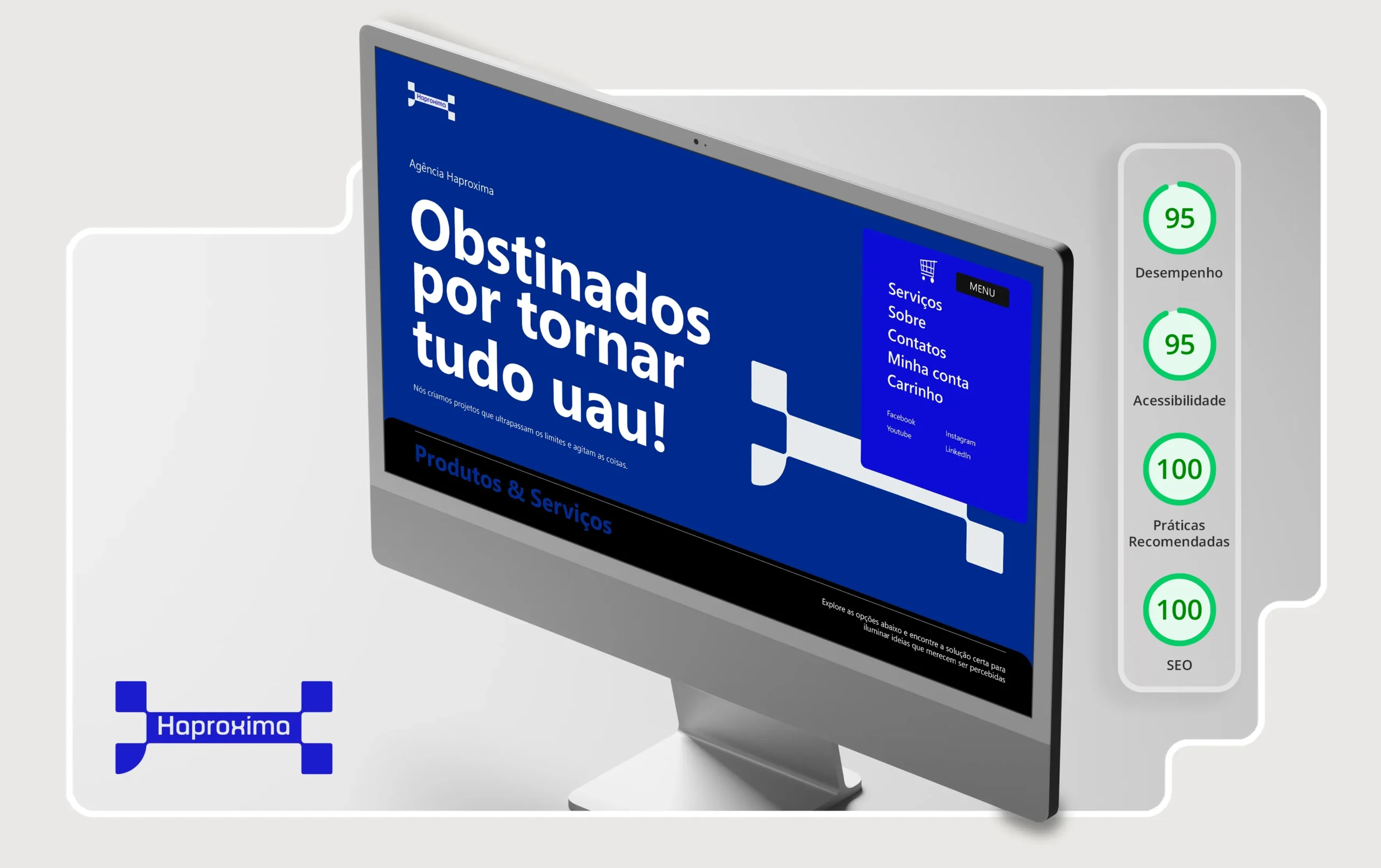 Tela de computador mostrando o site da Haproxima com destaque para otimização em desempenho (95), acessibilidade (95) e SEO (100).