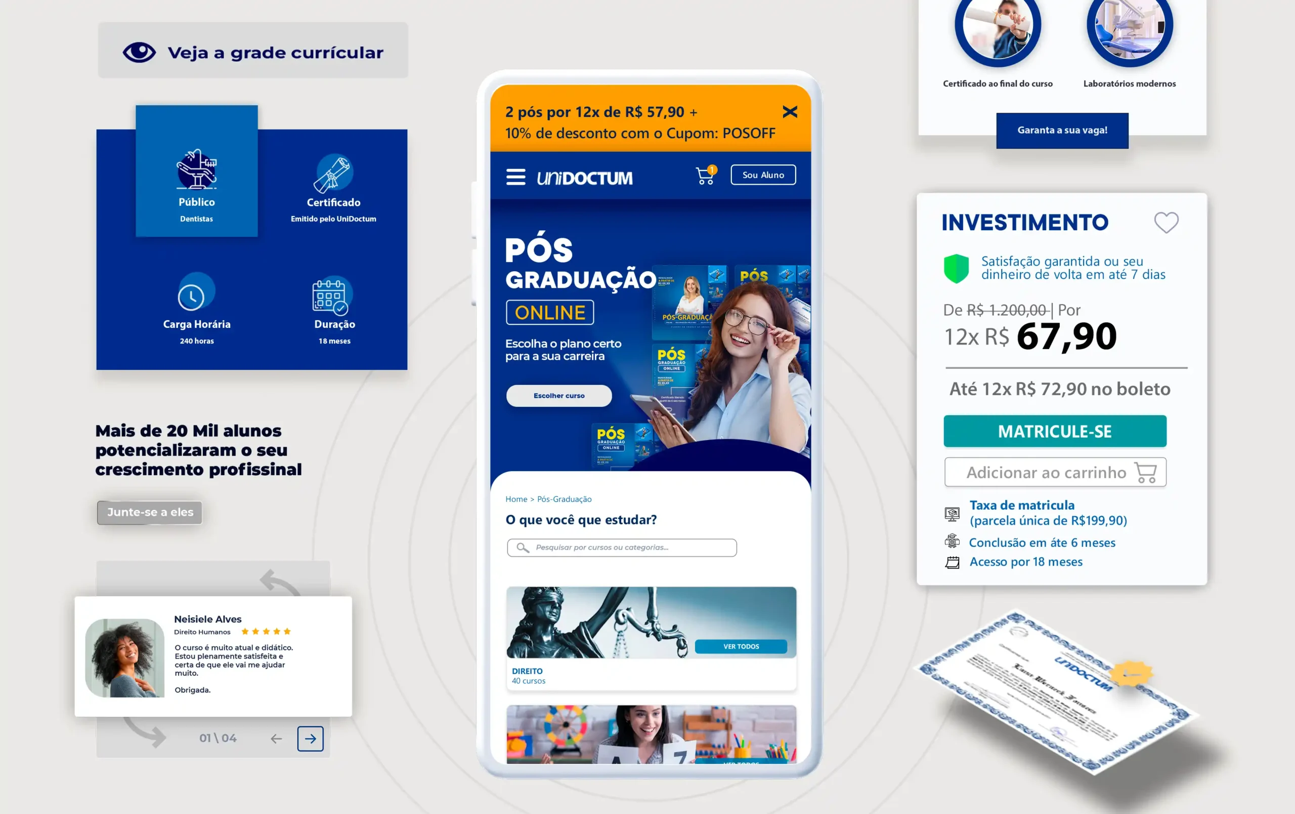 Smartphone mostrando a homepage do site responsivo da UniDoctum com informações sobre pós-graduação online.