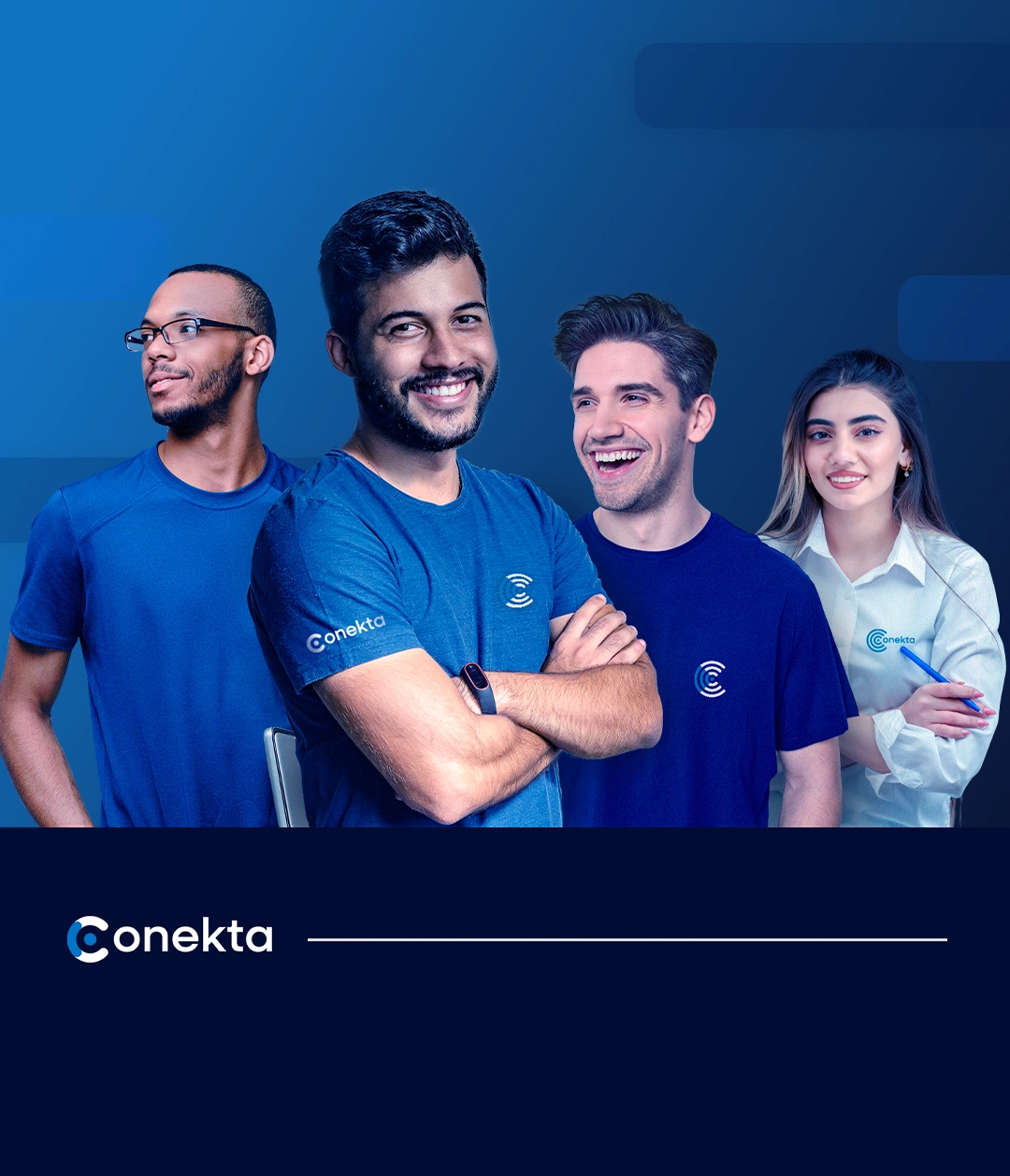 4 colaboradores da Conekta usando os modelos de uniforme da empresa