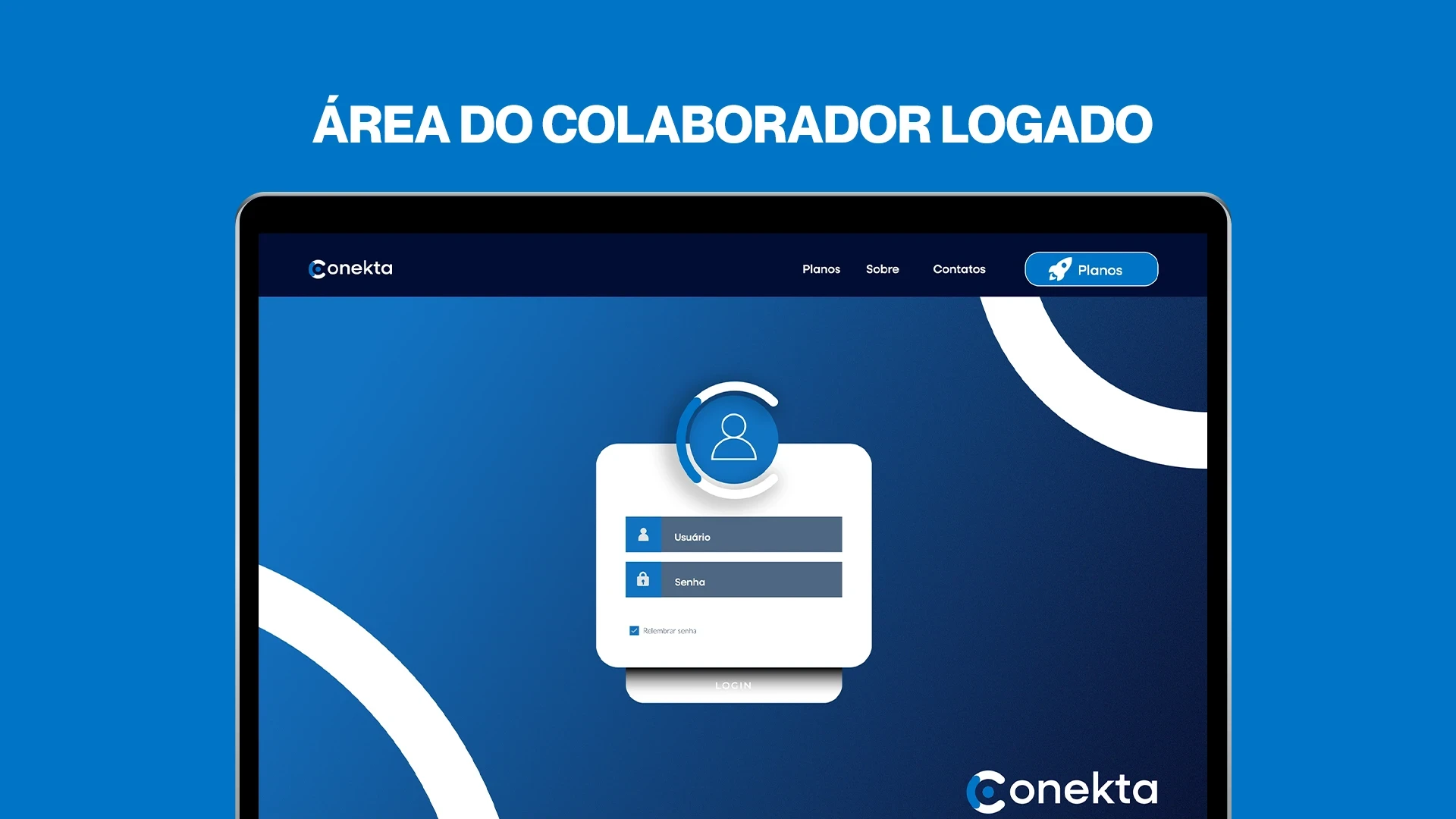 Tela de computador com página de login do colaborador, exibindo campos de usuário e senha em layout azul, azul-escuro e branco.