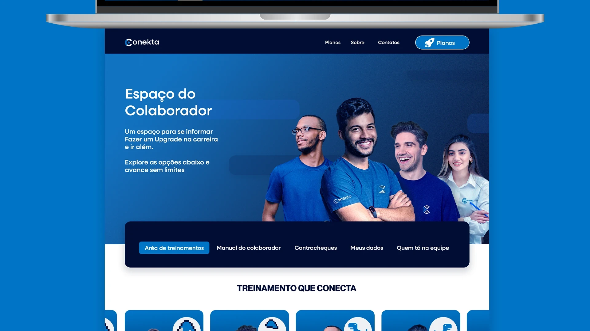 Sessão inicial da página do colaborador, desenvolvida para oferecer acesso rápido e prático às principais informações logo na entrada do site. O layout inclui um banner com a foto de membros da equipe e links estratégicos em destaque, permitindo que o colaborador encontre com facilidade os recursos mais utilizados.