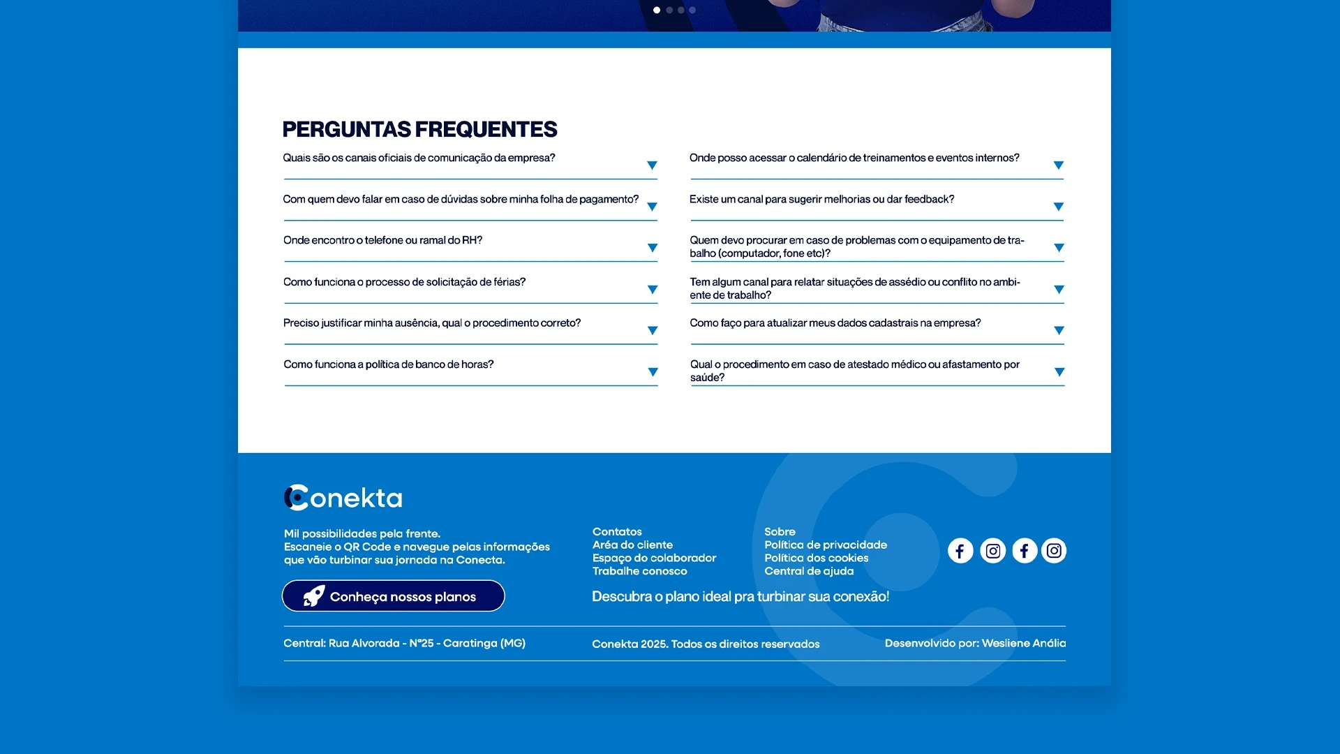 Seção final da página inicial dos colaboradores com campo de perguntas frequentes