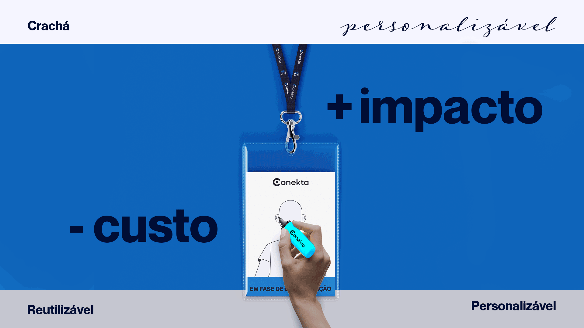 Modelo de crachá personalizável: permite que o colaborador em período de experiência desenhe seu biotipo sobre a silhueta base localizada abaixo da área plastificada onde pode ser feito o autorretrato/caricatura