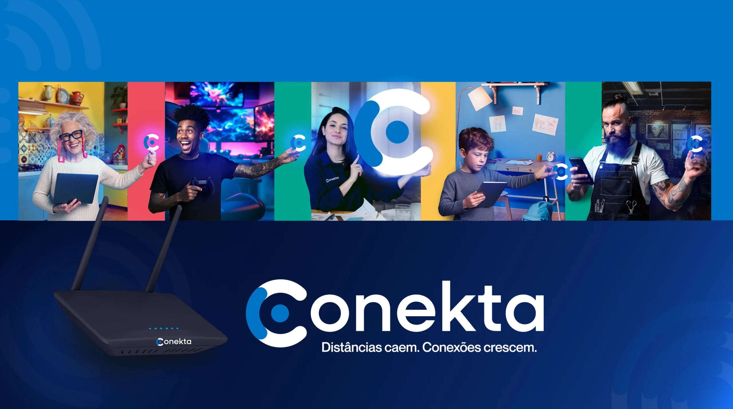 Pessoas de diferentes idades e ambientes conectadas pela internet Conekta