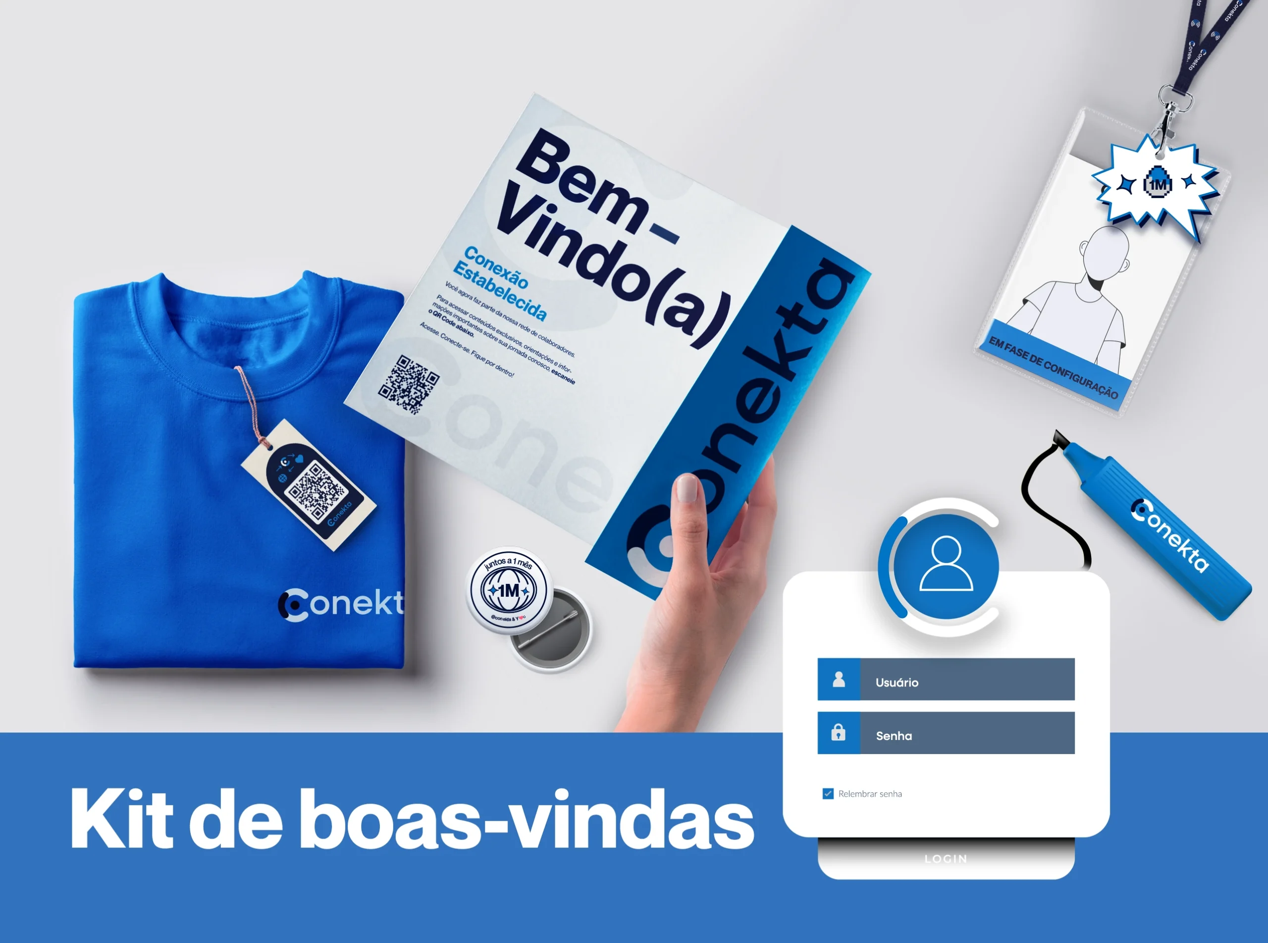 Kit de boas-vindas composto por camisa de uniforme azul, carta de boas-vindas, crachá personalizável, caneta semi-permanente e botton com ícone da empresa