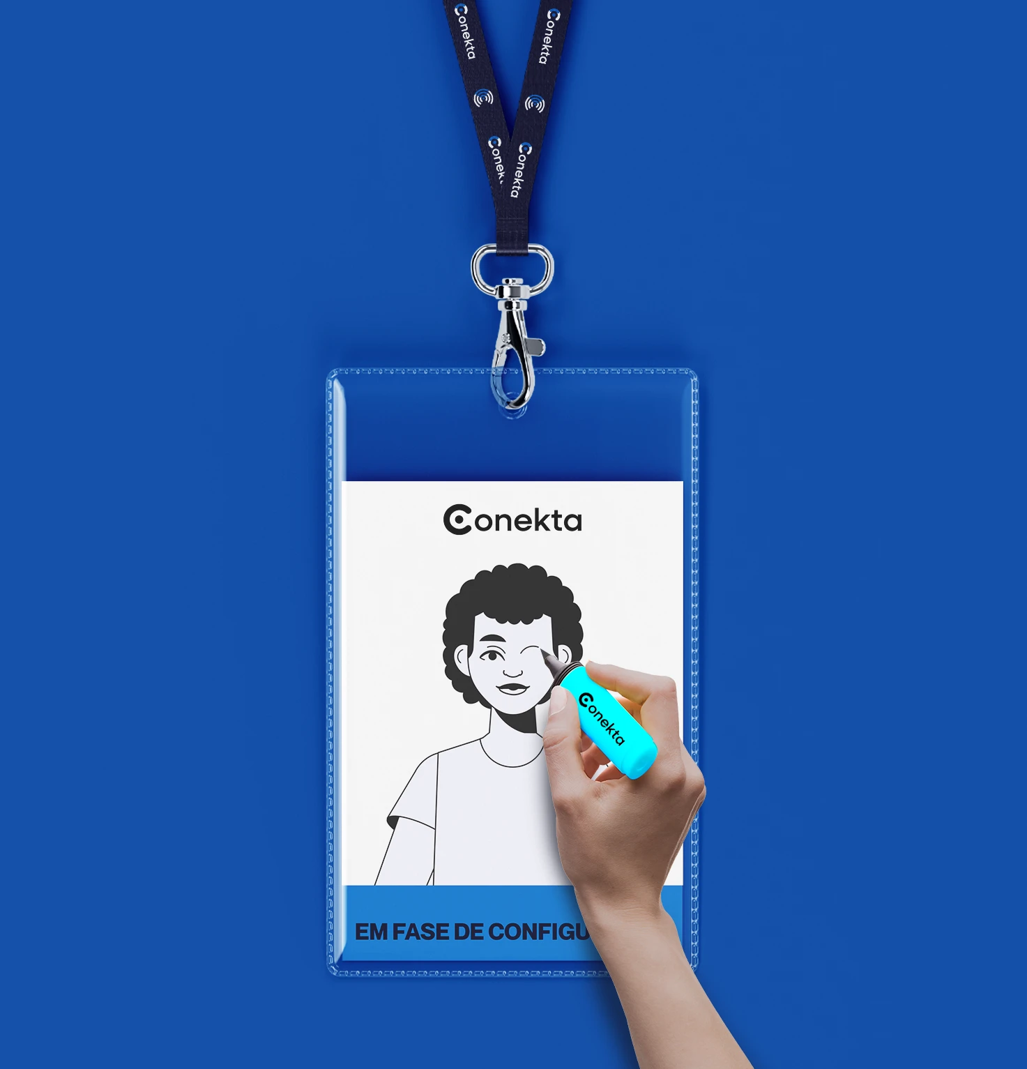 Mão, desenhado sobre uma modelo de crachá personalizável, revestido com plástico, permitindo que o colaborador faça seu autorretrato com uma caneta semi-permanente